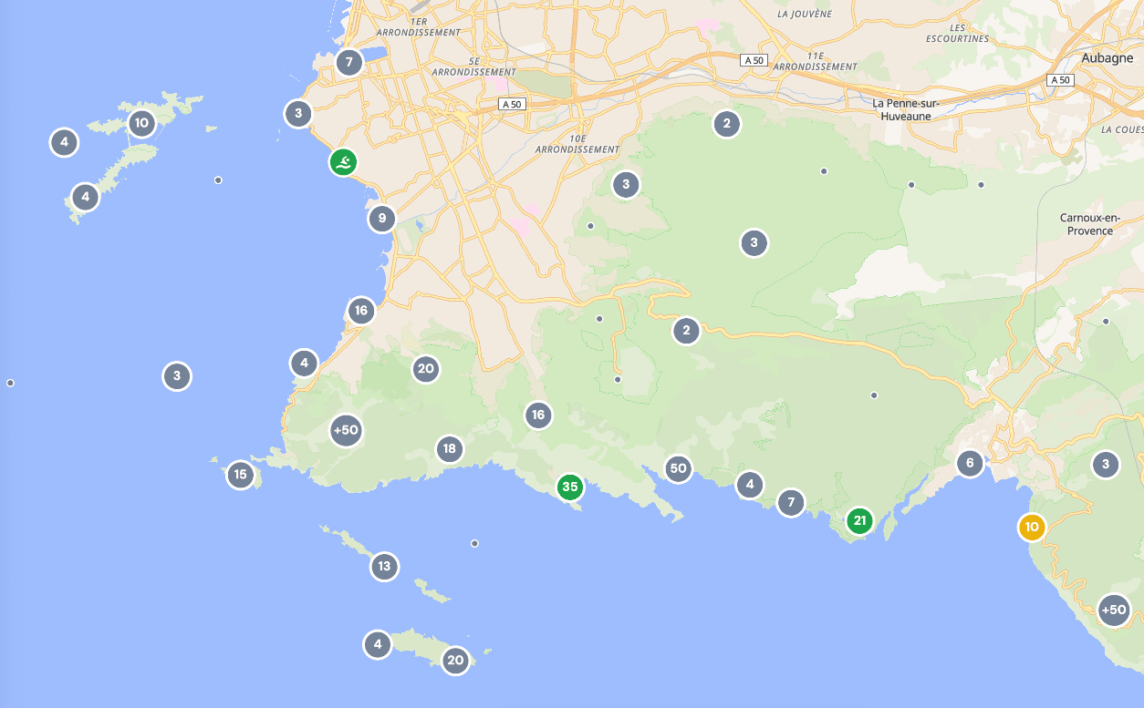 La carte d'Aïnu autour de Marseille et des Calanques